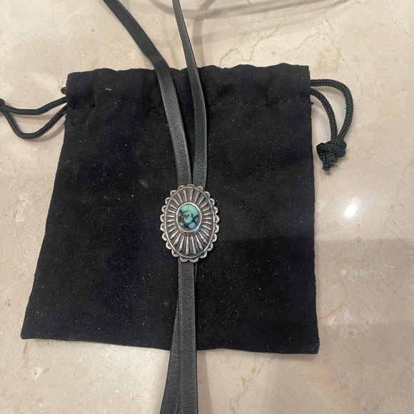 King Baby Studio leather bolo.  Sterling silver feathers and turquoise. - Picture 6 of 8